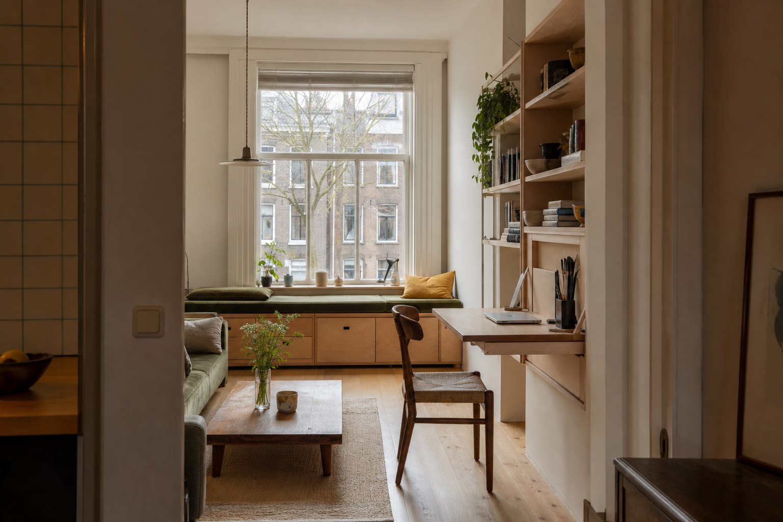 Compacte woonkamer met houten vensterbankbank, diepe lades, wandbureau en open boekenkast