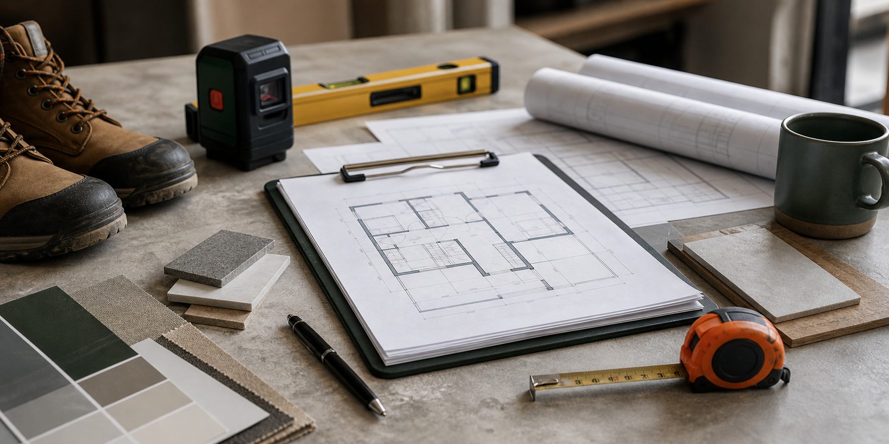 Bouwtekeningen, materiaalstalen, meetgereedschap en werkschoenen op een werktafel