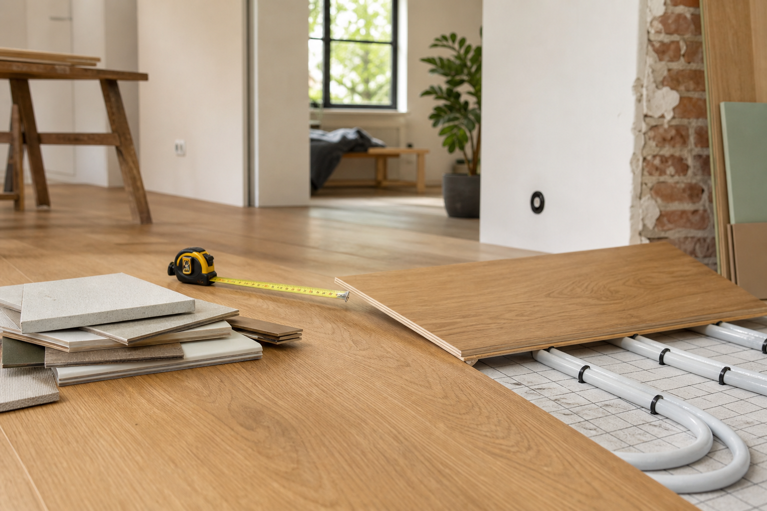 Houten vloerplank boven zichtbare leidingen van vloerverwarming met materiaalstalen en meetlint