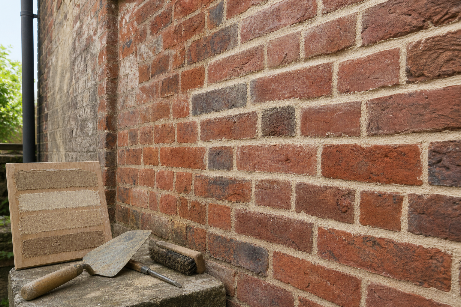 Oude rode bakstenen muur met lichte voeg, mortelstalen en metselaarsgereedschap