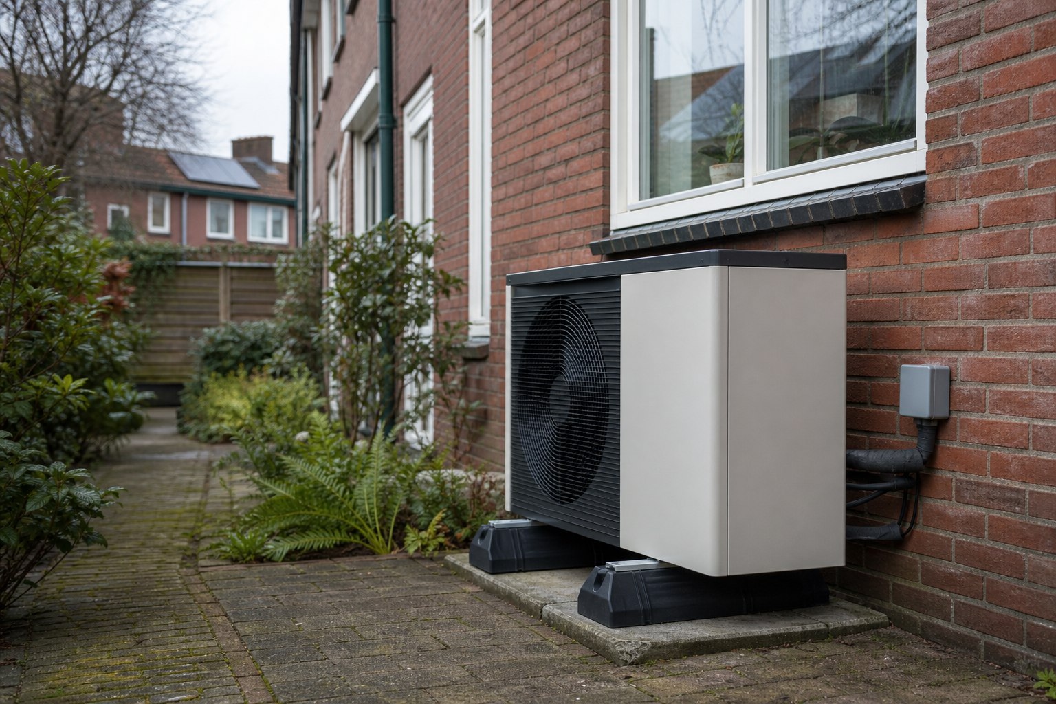 Buitenunit van een warmtepomp naast een bakstenen rijtjeshuis met groene beplanting