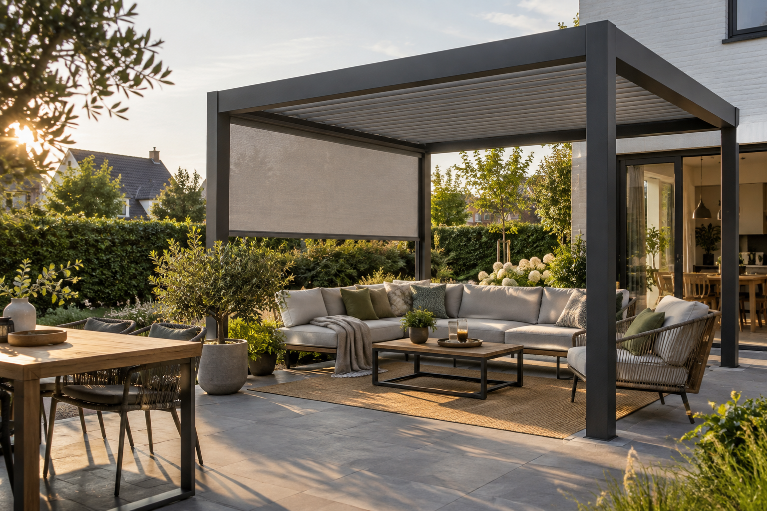 Illustratie: pergola met één gesloten zijscreen
